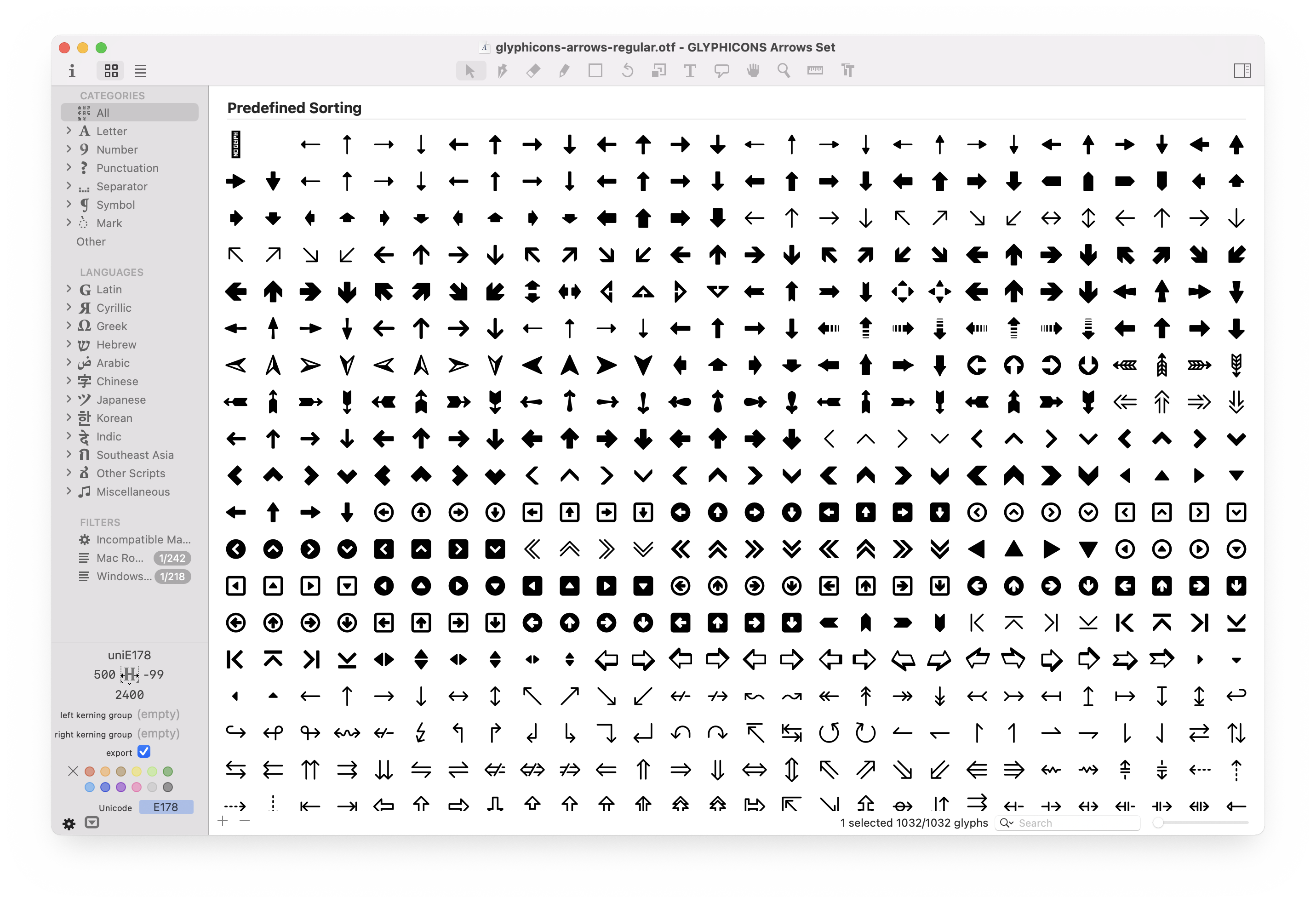 Screenshot of GLYPHICONS Arrows desktop font opened in Glyphs app