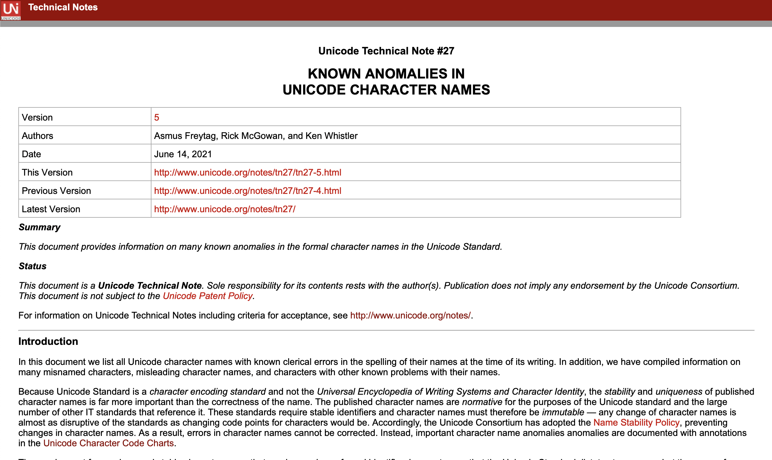Screenshot of Unicode Technical Notes page